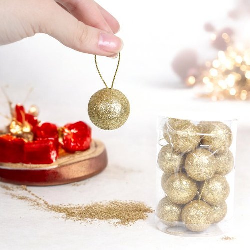 Kit Enfeite Bola De Natal Glitter 16 Peças Dourado 3cm No Tubo