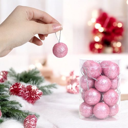 Kit Enfeite Bola De Natal Glitter 16 Peças Rosa 3cm No Tubo