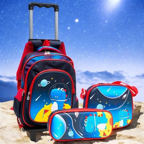 Kit Mochila Escolar Menino Infantil Com Rodas Dino Na Lua