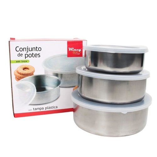 Conjunto De Potes Redondo 3 Peças Inox Com Tampa De Plástico