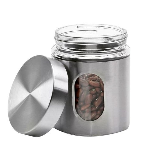 Kit 3 Potes De Mantimentos Em Inox E Vidro Com Visor 635ml