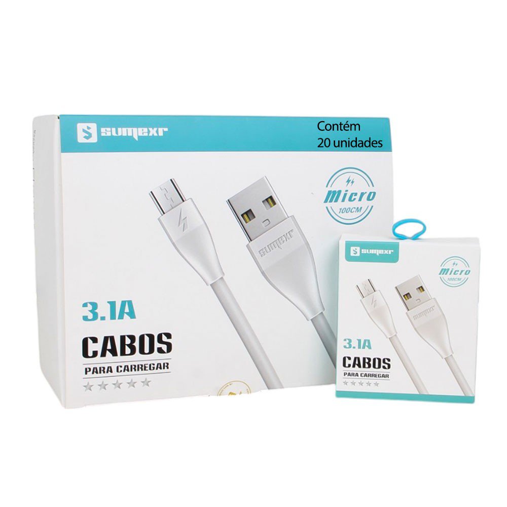 Kit 20 Cabos Carregamento Turbo Rápido Micro V8 3.1A 1 Metro
