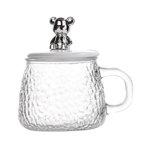 Caneca De Vidro Com Tampa Urso E Colher De Metal 320 ML