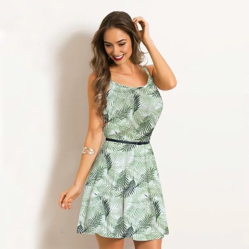 Vestido Evasê De Alcinha Estampa Folhagem Verde