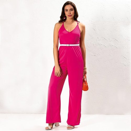 Macacão Feminino Pantalona Pink Em Malha Alça Fina