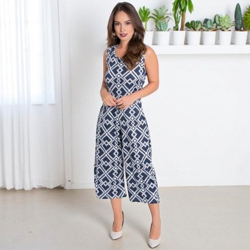 Macacão Feminino Pantacourt Geométrico Azul Com Branco