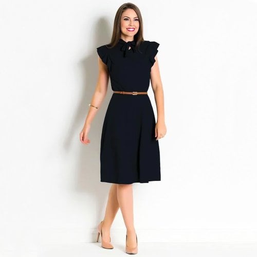 Vestido Moda Evangélica Preto Com Gola Laço