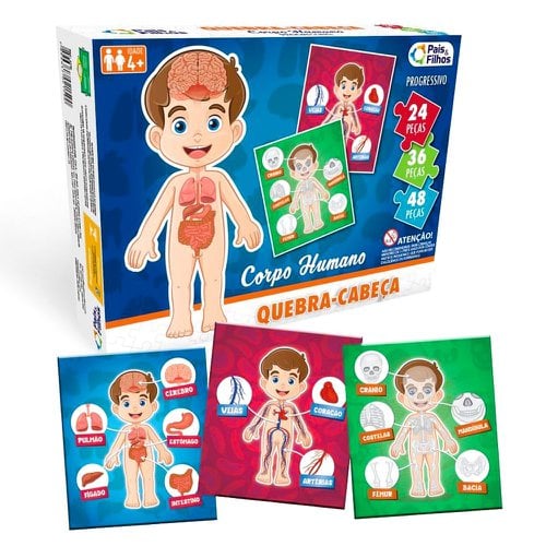 Conjunto 3 Quebra-Cabeças Infantis Do Corpo Humano 24,36 E 48 Peças