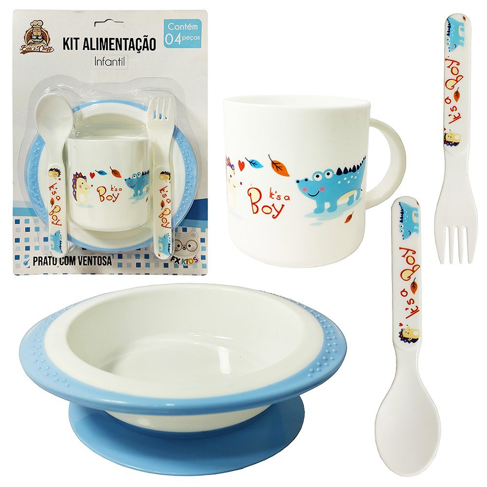 Kit Alimentação Infantil Prato Com Ventosa Talheres E Caneca