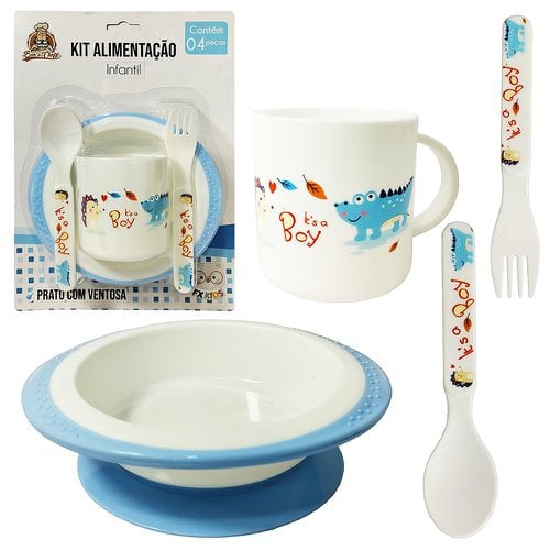 Kit Alimentação Infantil Prato Com Ventosa Talheres E Caneca