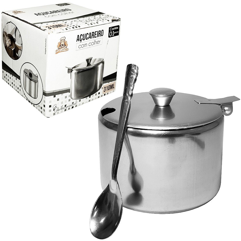 Açucareiro Com Tampa E Colher Em Aço Inox 310ml