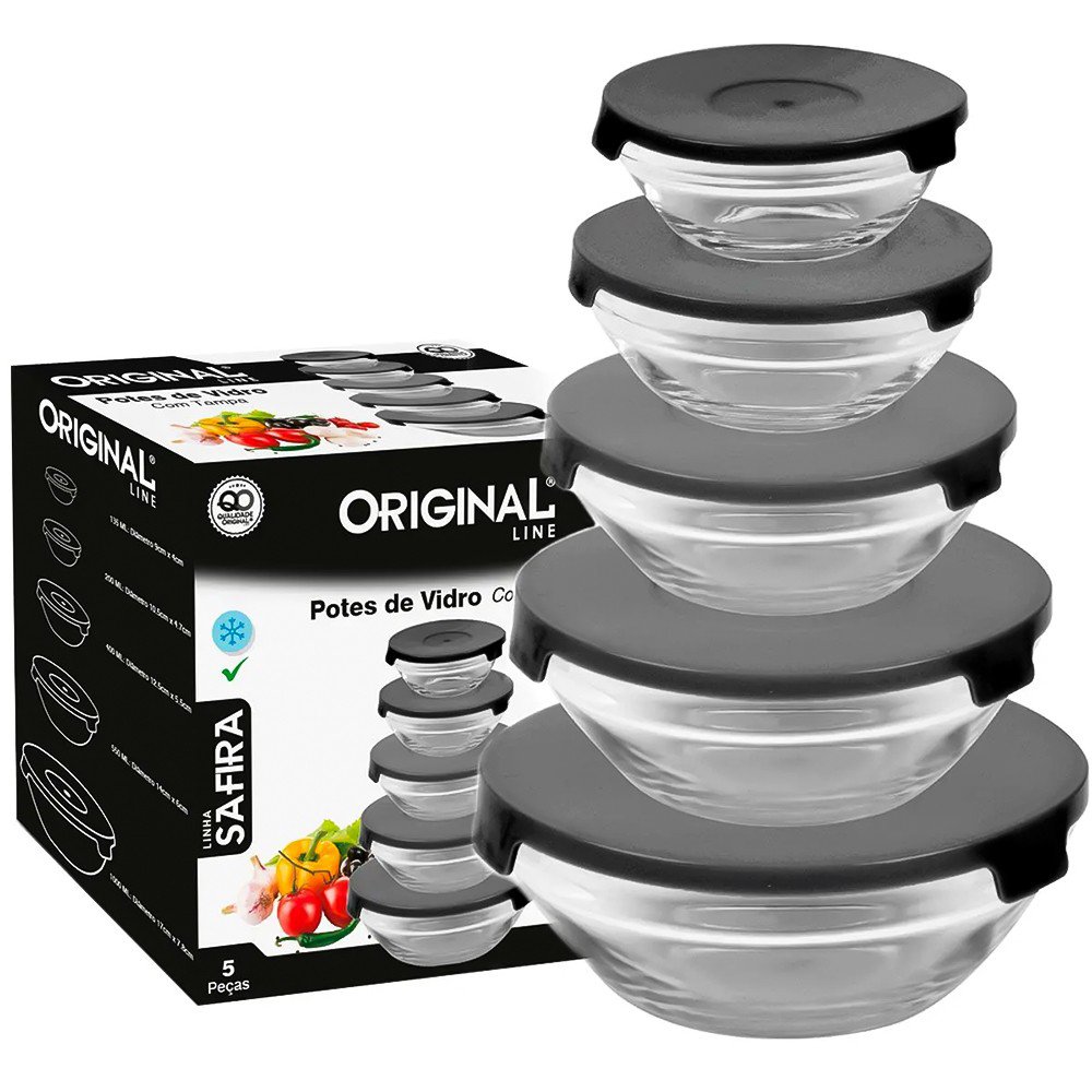 Conjunto Potes De Vidro Redondo Com Tampa Preto 135ml à 1000ml