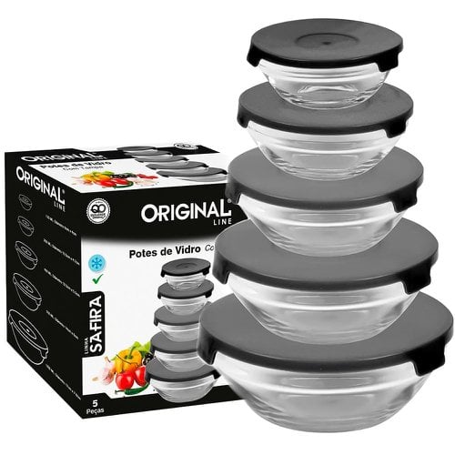 Conjunto Potes De Vidro Redondo Com Tampa Preto 135ml à 1000ml