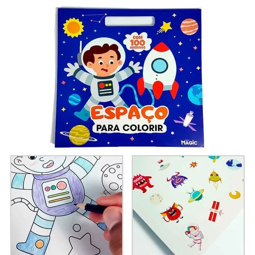Livro De Colorir Espaço Infantil 28cm Com 100 Adesivos