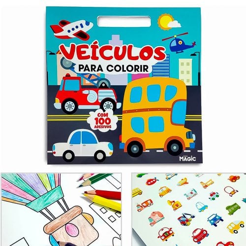 Livro De Colorir Veículos Infantil 28cm Com 100 Adesivos