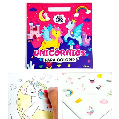 Livro De Colorir Unicórnio Infantil 28cm Com 100 Adesivos