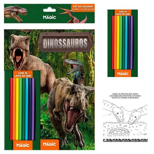 Livro Infantil De Colorir Dinossauros Com 12 Lápis De Cor