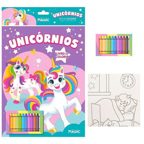 Kit Livro De Colorir Unicórnios Com 12 Giz De Cera