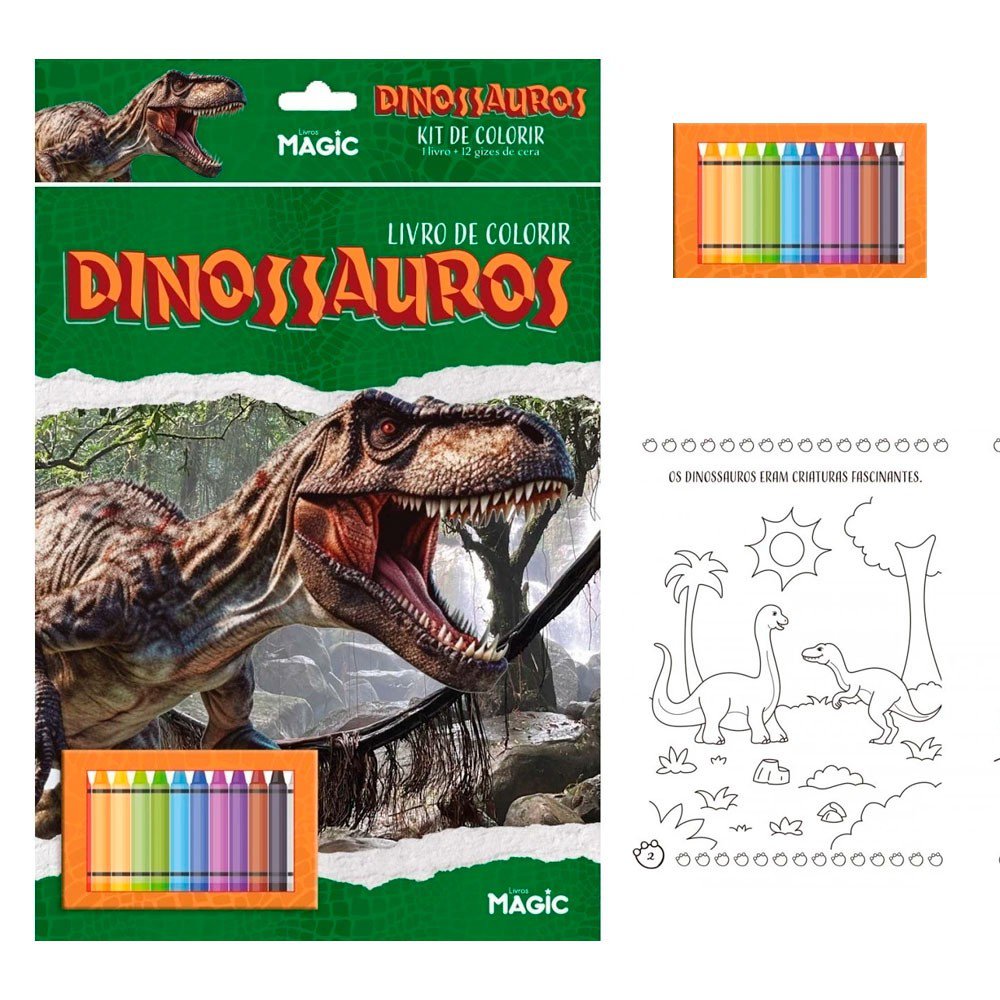 Kit Livro De Colorir Dinossauros Com 12 Giz De Cera