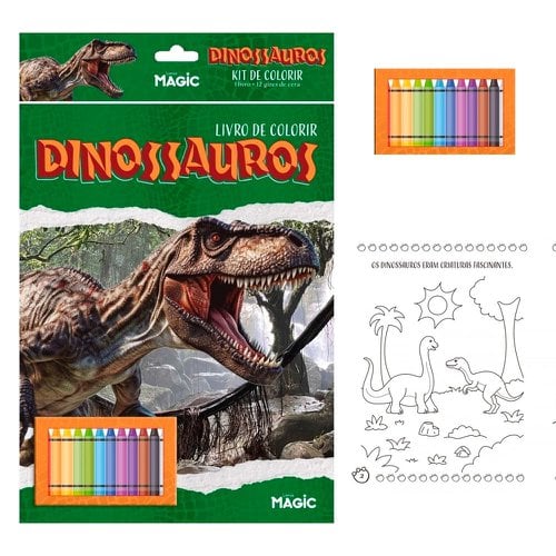 Kit Livro De Colorir Dinossauros Com 12 Giz De Cera