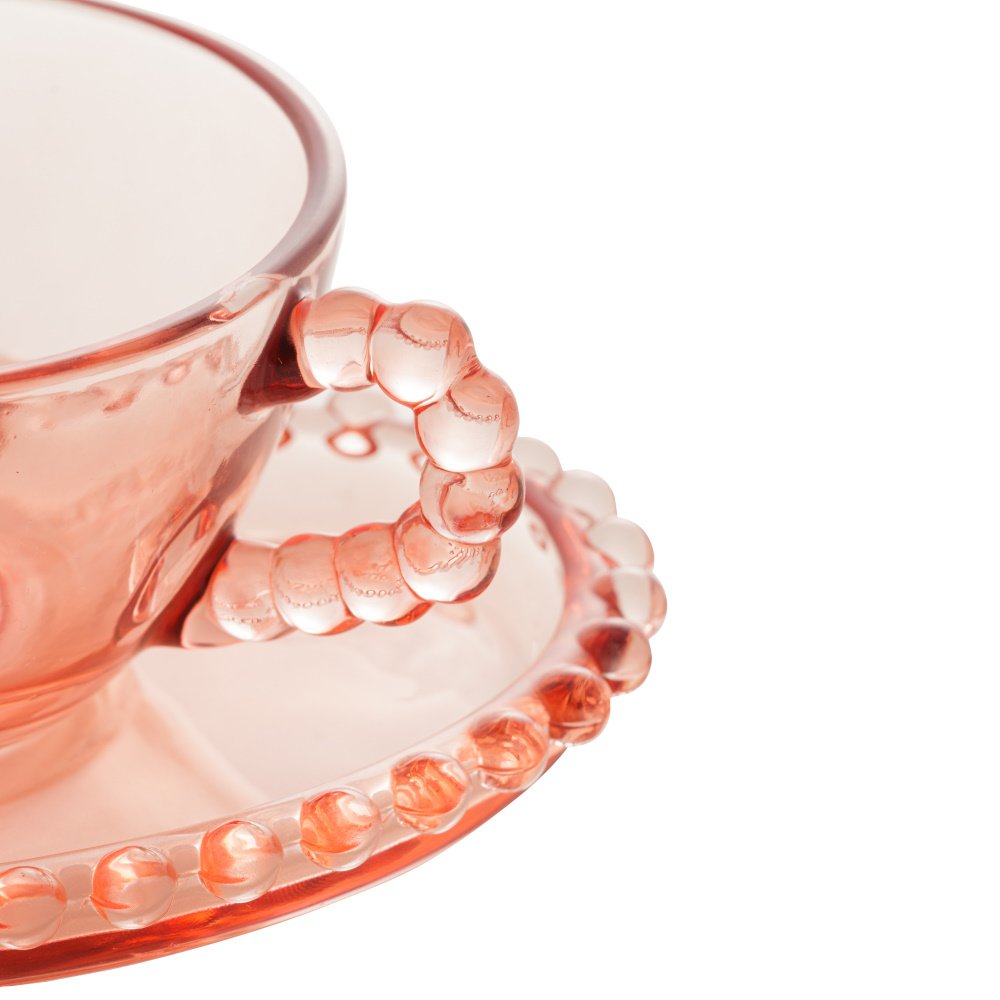 Jogo 4 Xicaras de Chá com Pires Fio de Ouro em Cristal Rosa 170ml