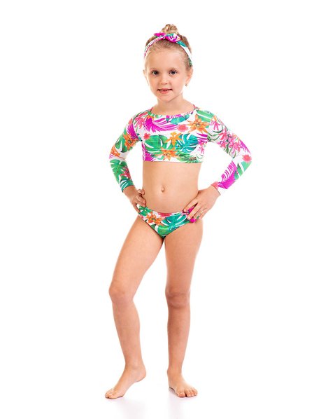 Conjunto Praia Infantil Cropped Manga Longa Calcinha E Faixa De