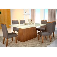 Conjunto Sala de Jantar Completa Mesa Tampo MDF Com Vidro 6 Cadeiras Amêndoa e Off White Madri Bom Pastor