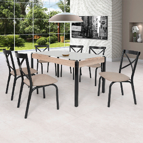 Conjunto de Mesa Com 6 Cadeiras Para Cozinha Tampo Retangular Vidro Karina Ciplafe Preto