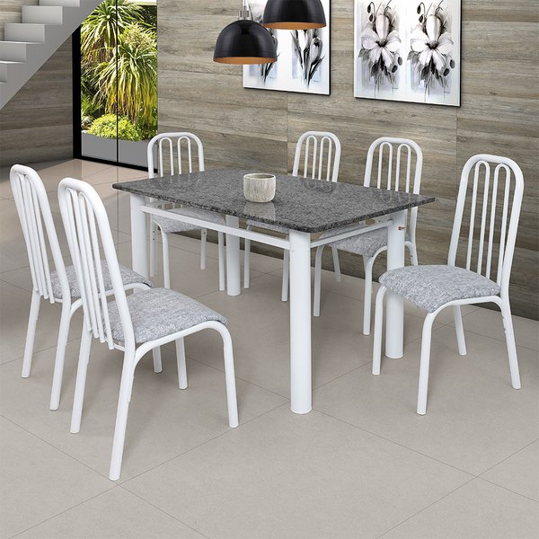 Conjunto de Mesa Com 4 Cadeiras Para Cozinha Tampo Retangular e Granito  1,20m Branco Sofia Ciplafe