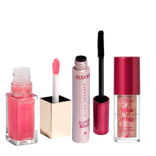 Kit maquiagem Niina Secrets Lip Oil Shine Flowers Rosa Silvestre + Delineador Líquido Crystal Rose Gold + Máscara Cílios Super Bold