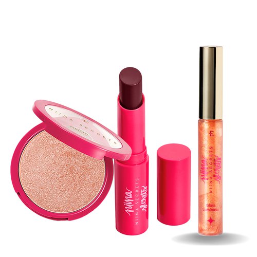 Kit maquiagem Niina Secrets Batom Hidra Balm Vinho + Iluminador Eudora by Glow Rose + Gloss Luminous Bronze