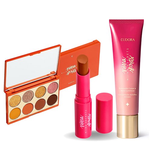 Kit maquiagem Niina Secrets Paleta Sombra Orange + Iluminador Corpo e Rosto Luminous 60ml + Batom Hidra Balm Caramelo