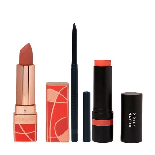 Kit maquiagem Océane Batom Capri Lipstick Beloved Nude + Blush Stick Coral + Lápis para Olhos Eyeliner Black