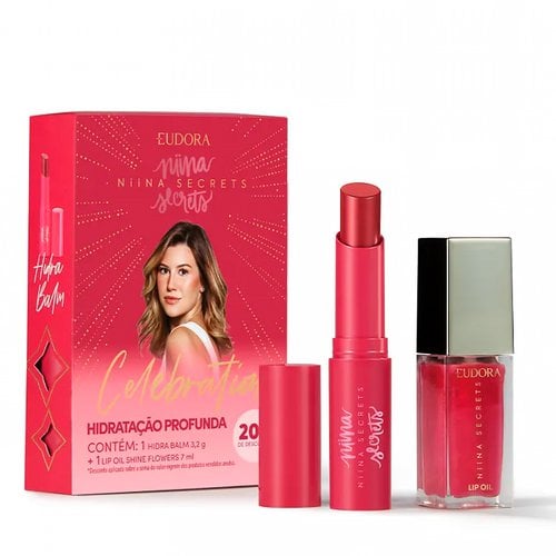 Kit Niina Secrets Batom Hidra Balm + Lip Oil Shine Flowers Celebration