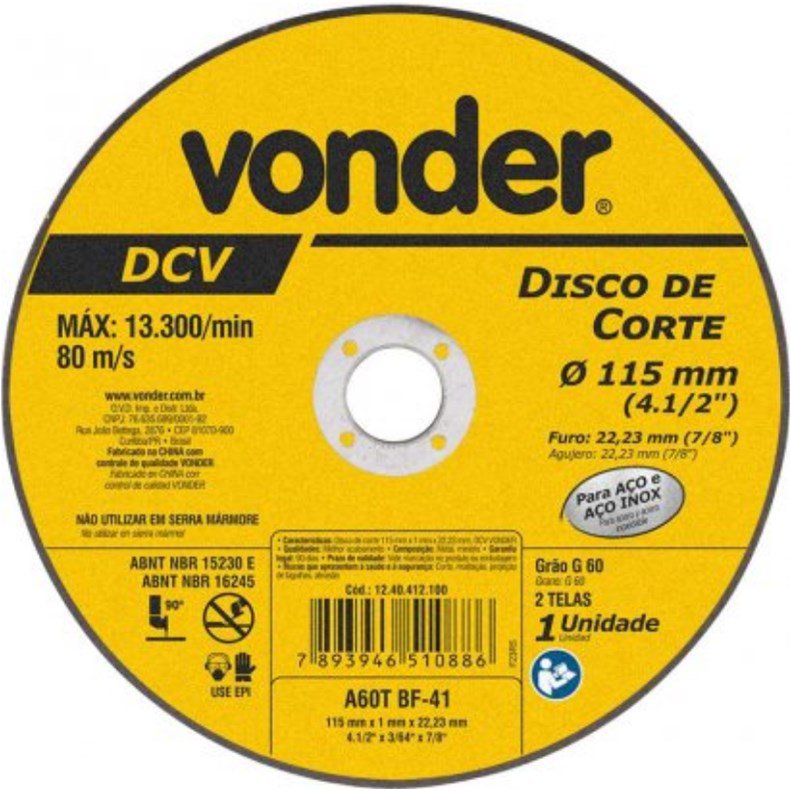 Disco De Corte Fino Vonder 4.1/2 Pol. 115mm G60 2 Telas