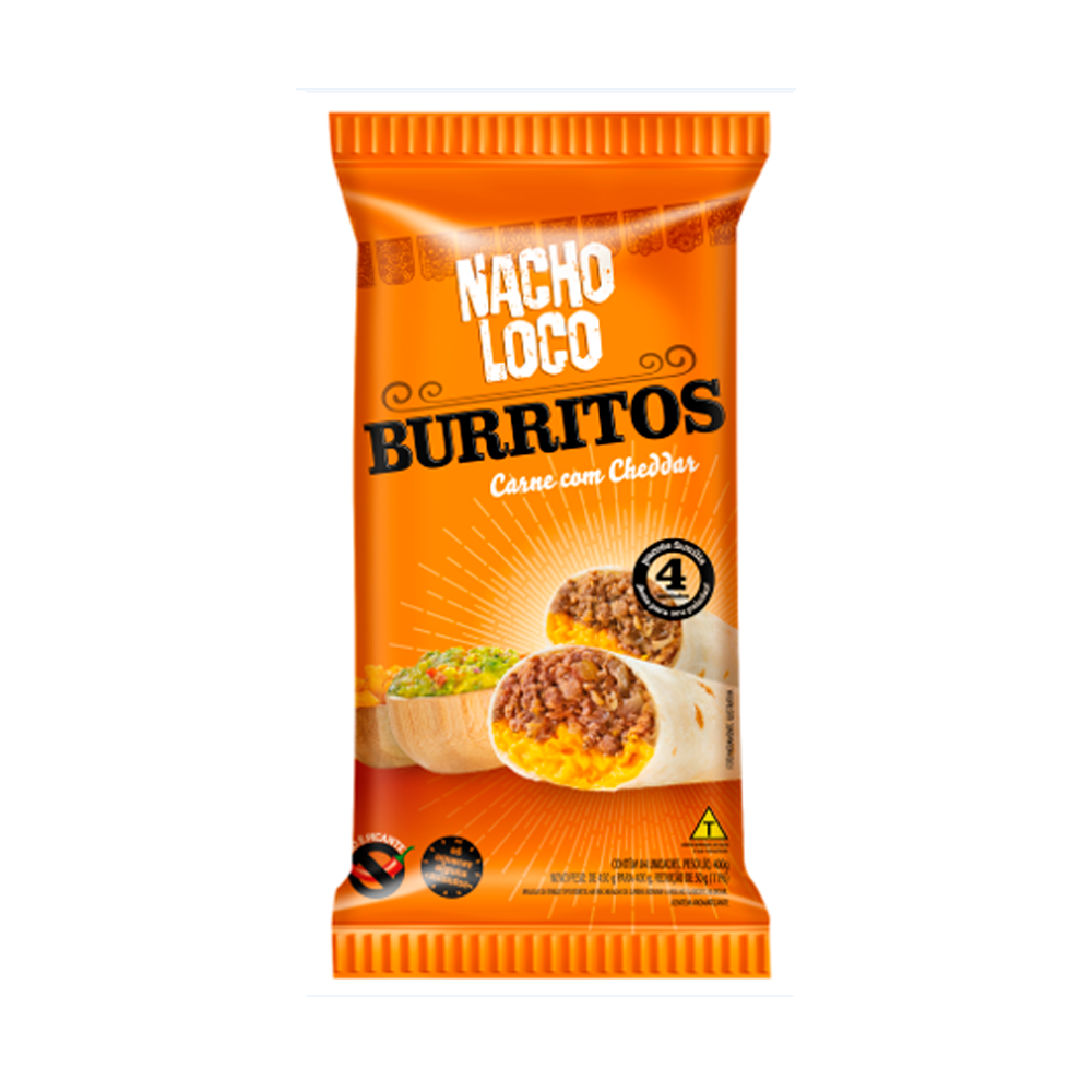 Burrito Nacho Loco Carne Com Cheddar 400g Com 4 Unidades