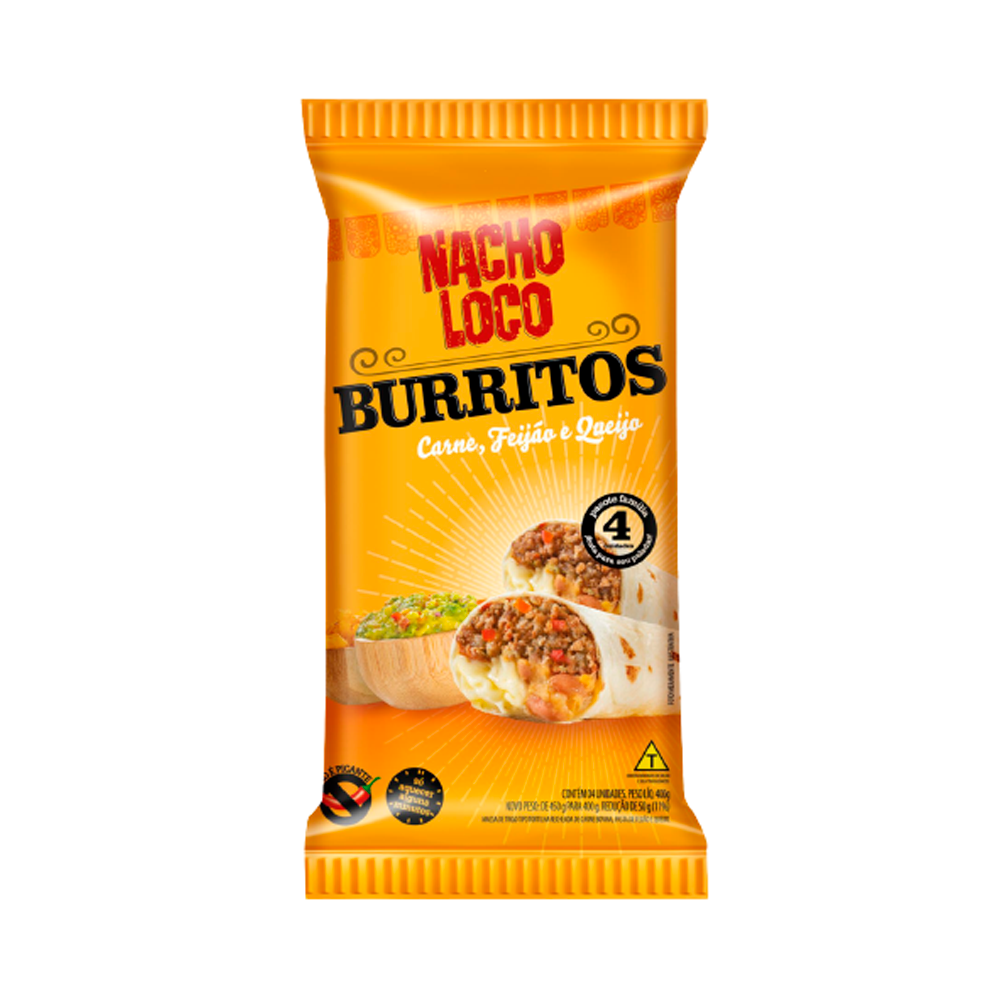Burrito Nacho Loco Carne, Feijão e Queijo 400g Com 4 Unidades