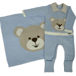 Saída Maternidade Tricô Azul Claro Urso 2 Peças Tamanho RN(0-3 meses)